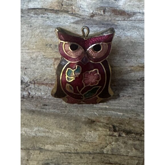 Vintage Cloisonné Owl Pendant Red Enamel & Gold Floral Design Double Sided - Picture 4 of 4